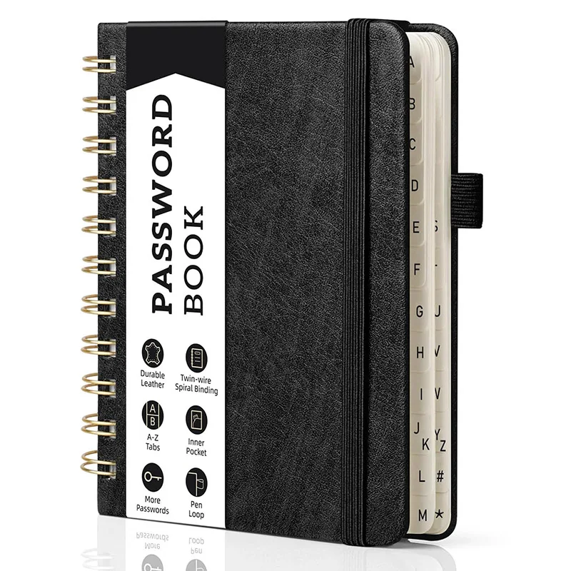 New Arrival Planner Custom Colorful Alphabetical Tabs Leather Hardcover Password Keeper Book Journal Spiral Password Notebook