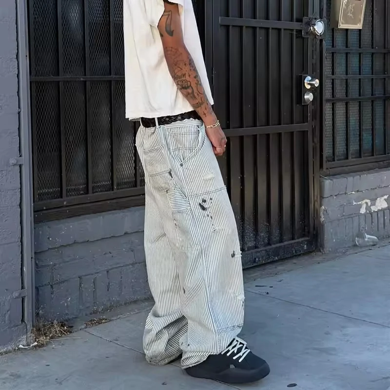 SALATI Custom Distressed Casual Trousers for Men Casual Stripe Baggy Loose Wide Leg Pants gallery 3