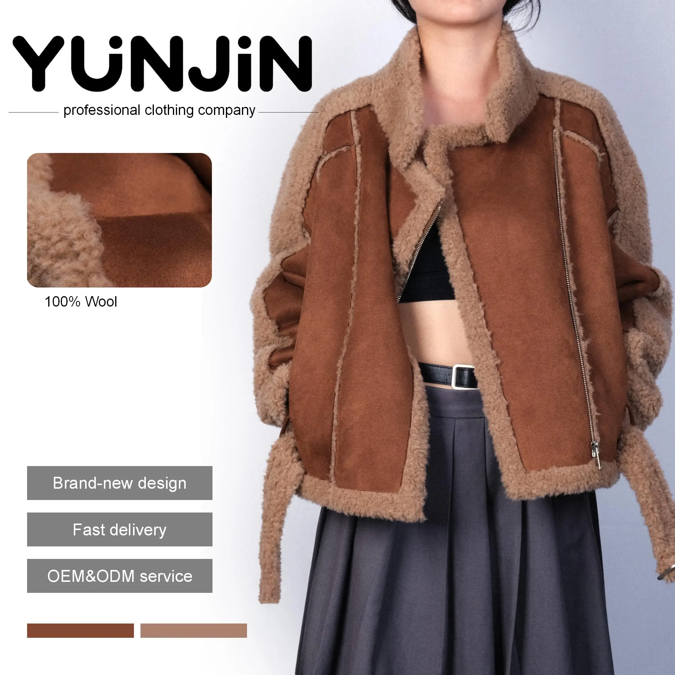 YUNJIN Luxury Women's Winter Coat Genuine Wool Cropped
