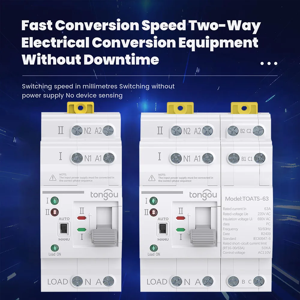 TONGOU 110V/220V 2P/4P ATS Automatic Transfer Switch Daul Power Changeover Automatic Din Rail Switch for Generator 63A