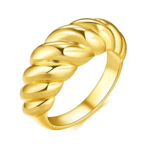 18K Gold Plated Dome Ring Minimalist Croissant Braided Twisted Signet Chunky Ring for Men and Women Stainless Steel Jewelry
