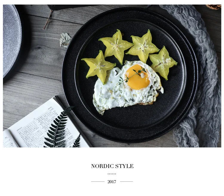 Ceramic Tableware Steak Plate Light Luxury 21cm Black Abrazine Flat Plate Restaurant  Pasta Plate for Hotel