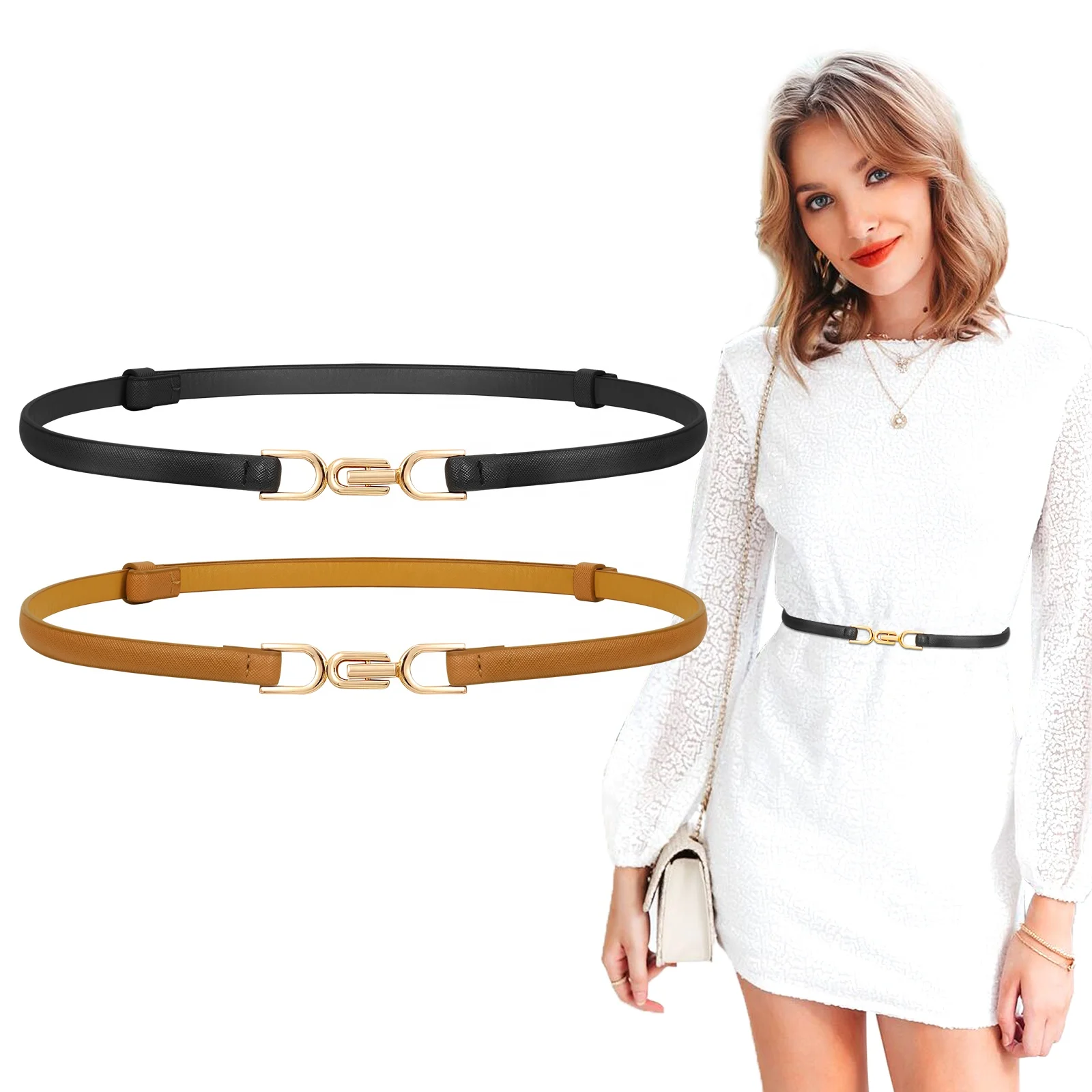 Gold Buckle Women Belts PU Leather Thin Jeans Waist Belts White