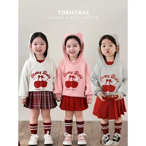 YOEHYAUL 2026 Spring Autumn New Girl's Three-dimensional Ear Hooded Comfortable Cherry Pattern Pullover Sweatshirt