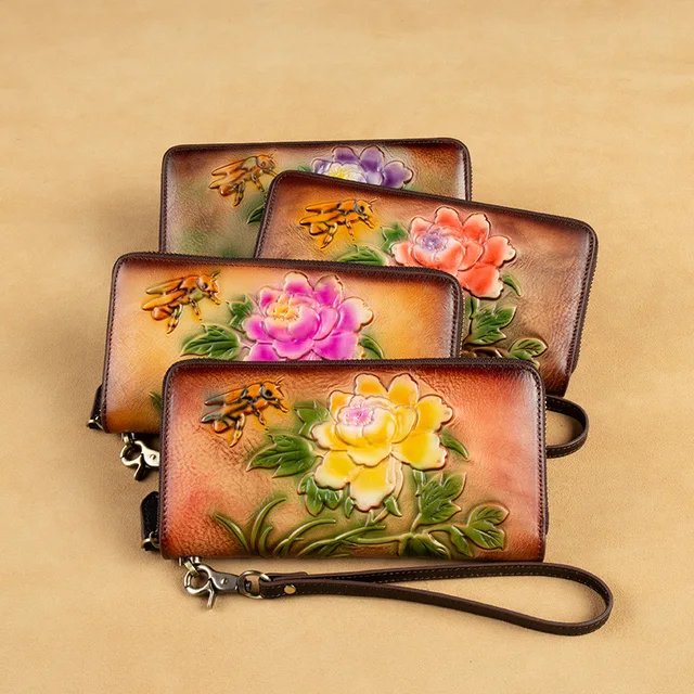 Women's Retro Embossed Zipper Large Capacity Genuine Leather Clutch Wallet New Fashionable Long-Style with Polyester Lining