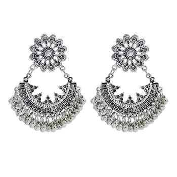 Bohemian Bollywood Oxidized Jewellery Afghan Tassel Earrings Ethnic Silver Indian Flower Hoop Earring Stainless Steel Geometric