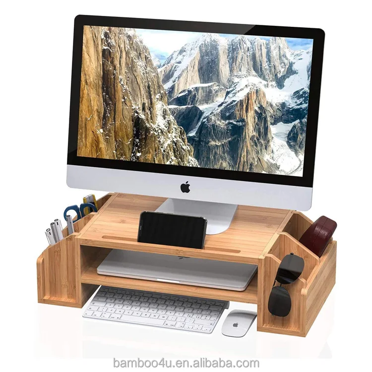 Bamboo Wood Monitor Stand Riser Support The Heaviest Monitors Printers Laptops TV Shelf Organizer for retailer Office 2 Tiers