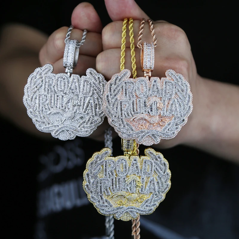 Iced Out Road Runna Pendant Two good Tone Color Badge Necklace