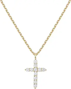 14K Gold Plated Cubic Zirconia Cross Necklace Women Faith Pendant Necklaces Pearl Diamond Zircon Brass Chain Cross Number Shape