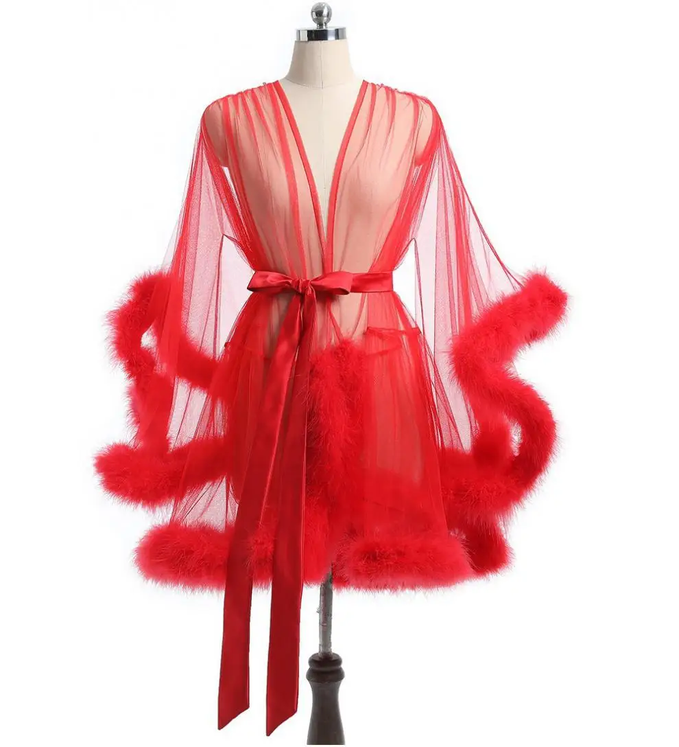 Sexy Feather Robe Seductive Mesh Perspective Sex Fur Bathrobe Passionate Waist Tightening Robe Dressing Gown