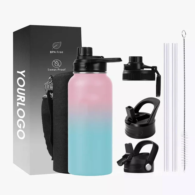 Customized 3 Lids Stainless Steel Vacuum Flask Water Bottle Insulated Sports Bottle 32oz 40oz