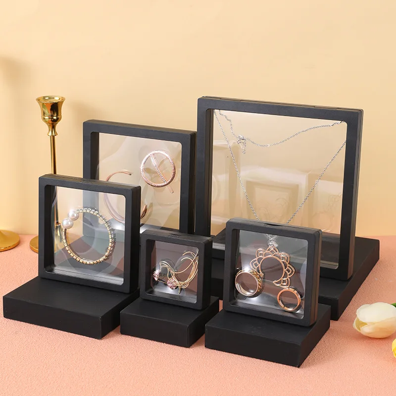 7x7 9x9cm Thin Suspension Frame Display case 3d Floating Transparent square PVC Plastic Pe Film Packaging Dustproof Jewelry Box