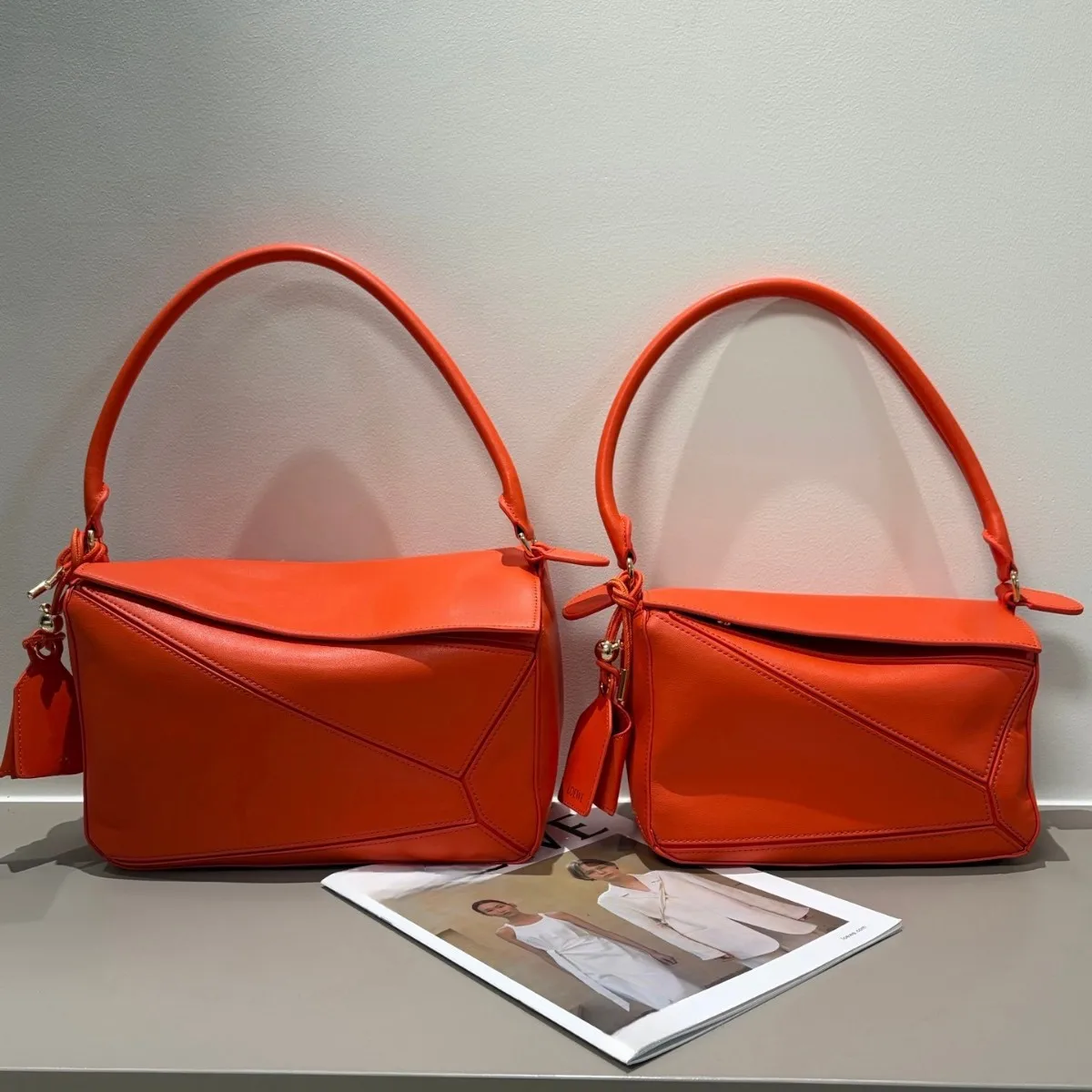 High-end Luojia Puzzle Long-handle Geometric Bag Fashionable Cowhide Solid Color Pillow Bag Genuine Leather Shoulder Two