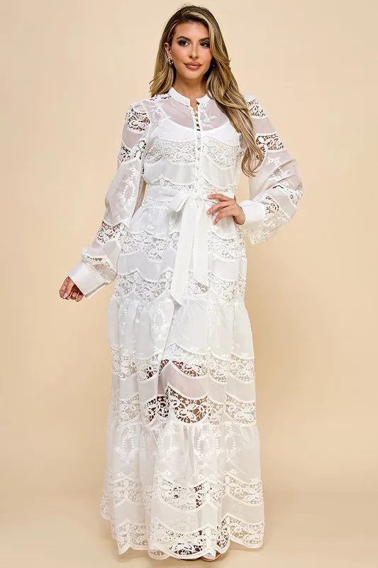 Ladies White Lace Dress With Perspective Lantern Sleeves Lace Waist Button Decoration Sweet Style For Commuting Shopping Travel - Image 2