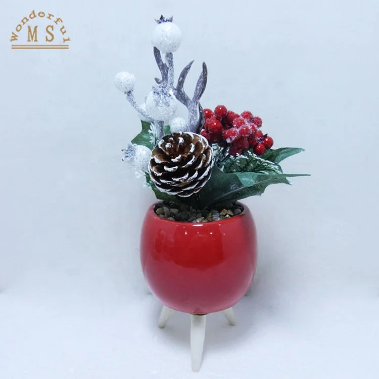 Red Flower Pot with 3Feet Decorate artificial Christmas Three and Flower for Home Decoration as XMAS Holiday Gift