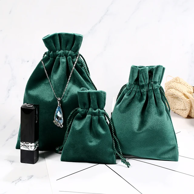 Dark Green Promotional Small Luxury Super Soft Dust Velvet Jewelry Drawstring Pouch Packing Bag With Logo Printing