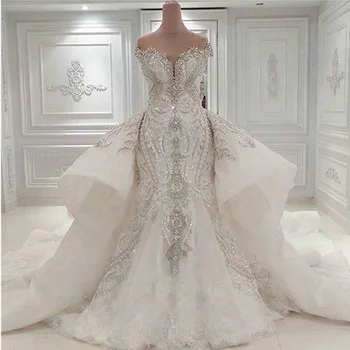 Luxury Beaded Mermaid Wedding Dress With Detachable Overskirt Dubai Arabic Sparkly Crystals Diamonds Bridal Gowns