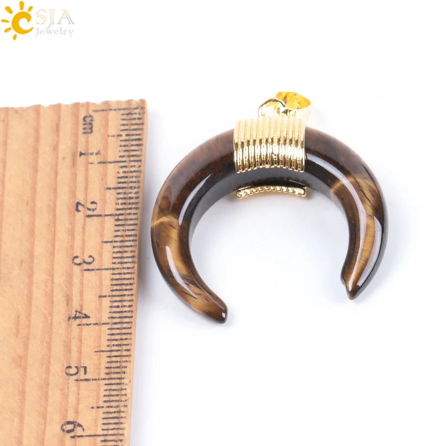 CSJA Natural Stone Horn Crescent Moon Pendant Jewelry Reiki Healing Crystal Charm for Jewelry Making F064