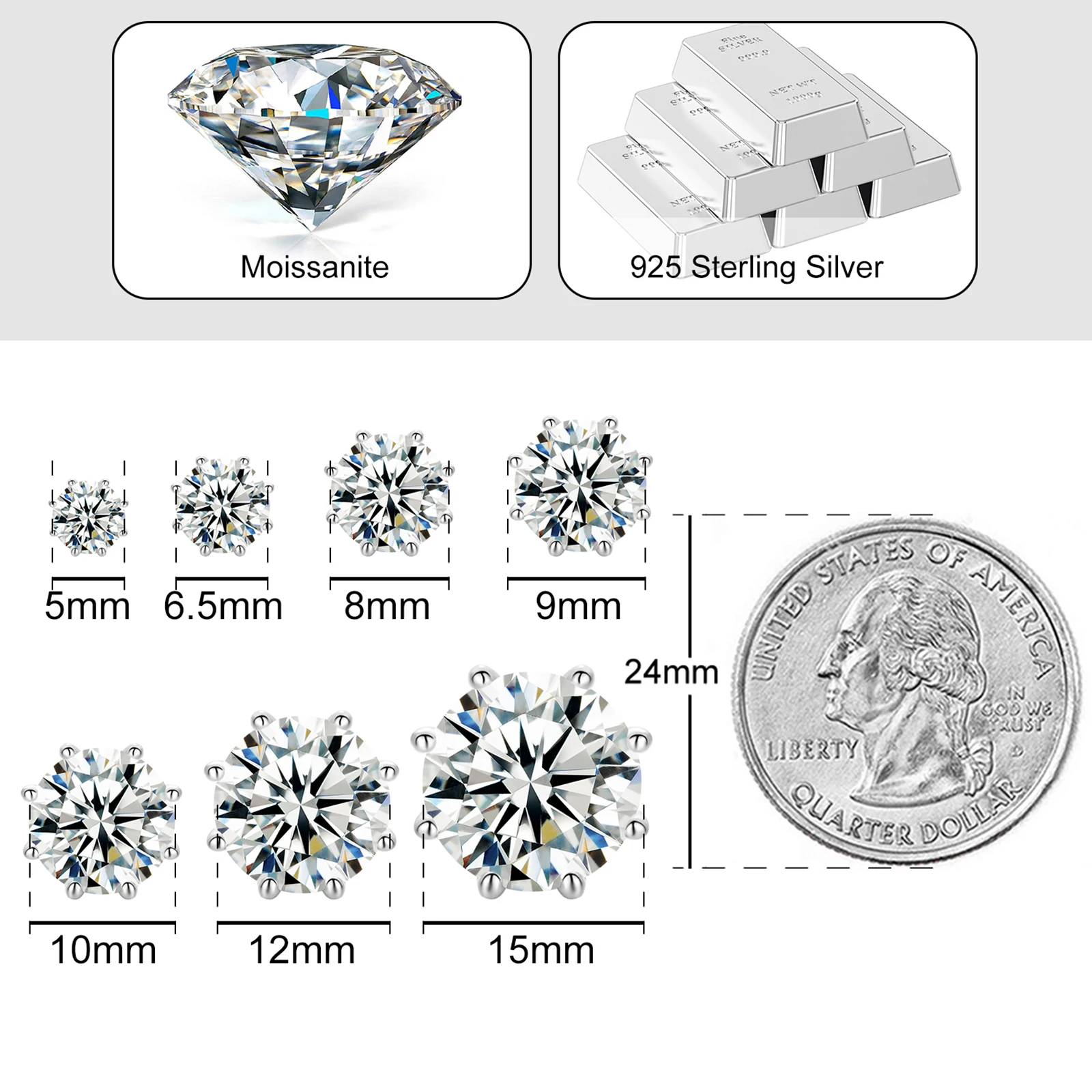Pass Diamond Tester 12ct VVS Moissanite Stud Earrings 8 Prong 925 Sterling Silver Lab Moissanite Big Ear Stud Jewelry Men Women