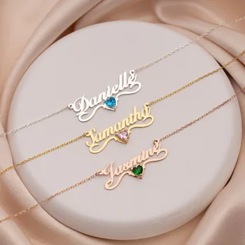 Custom word necklace 18k Gold Plated 304 Stainless Steel Name Pendant Necklace Birth Stone personalize name necklace