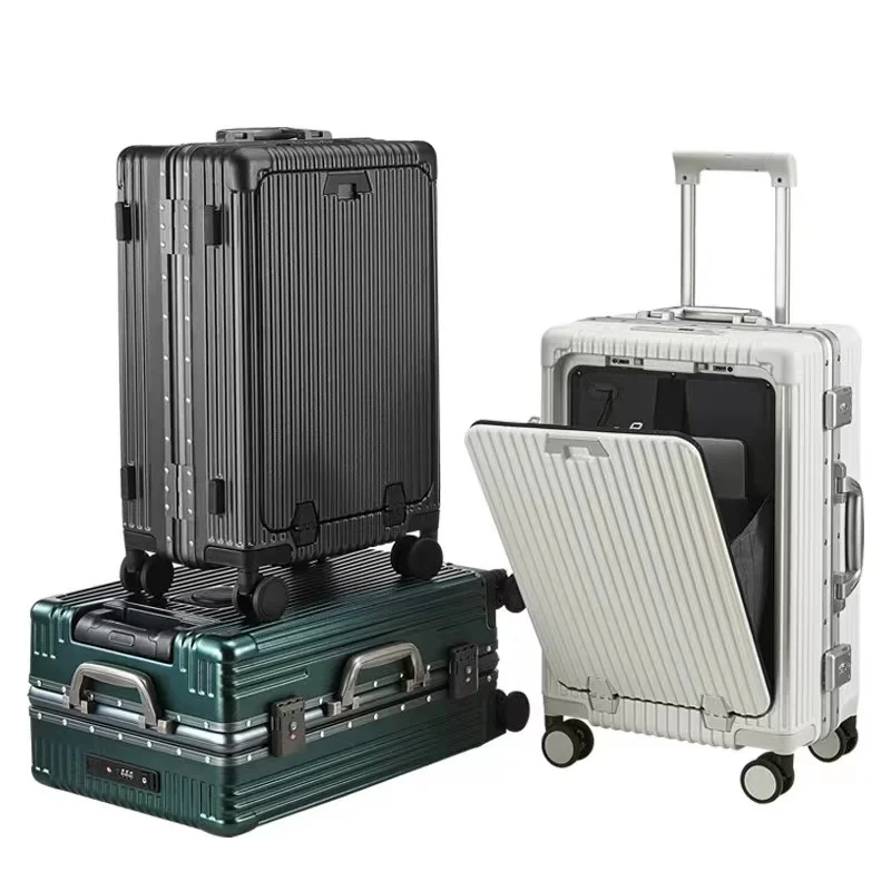 new arrival fashion trendy multi-functional front open luggage high quality PC aluminum frame suitcase with USB