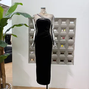 Bettergirl 2026 One-Shoulder Velvet Diamond Black Long Dress Sexy Tight Party Dress