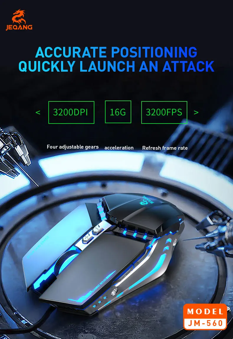 JEQANG JM-560 Wired USB Optical Backlit Ergonomic 7D Gaming Mouse Sliver Color for Computer Laptops in Stock