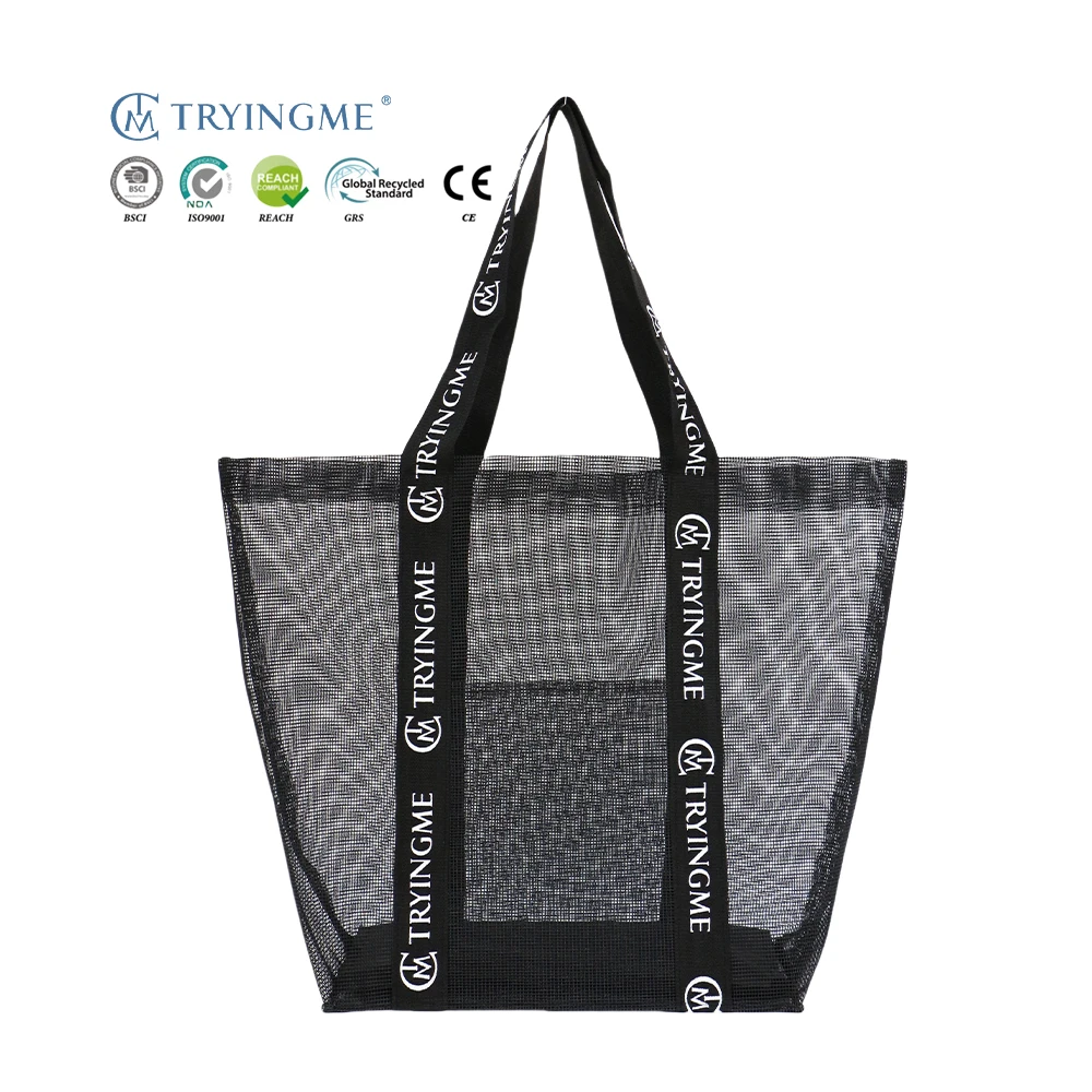 Custom Logo Black PVC Mesh Shopping Tote with Rope Handle Woven Net Carrying Bag for Travel and Outdoor Use