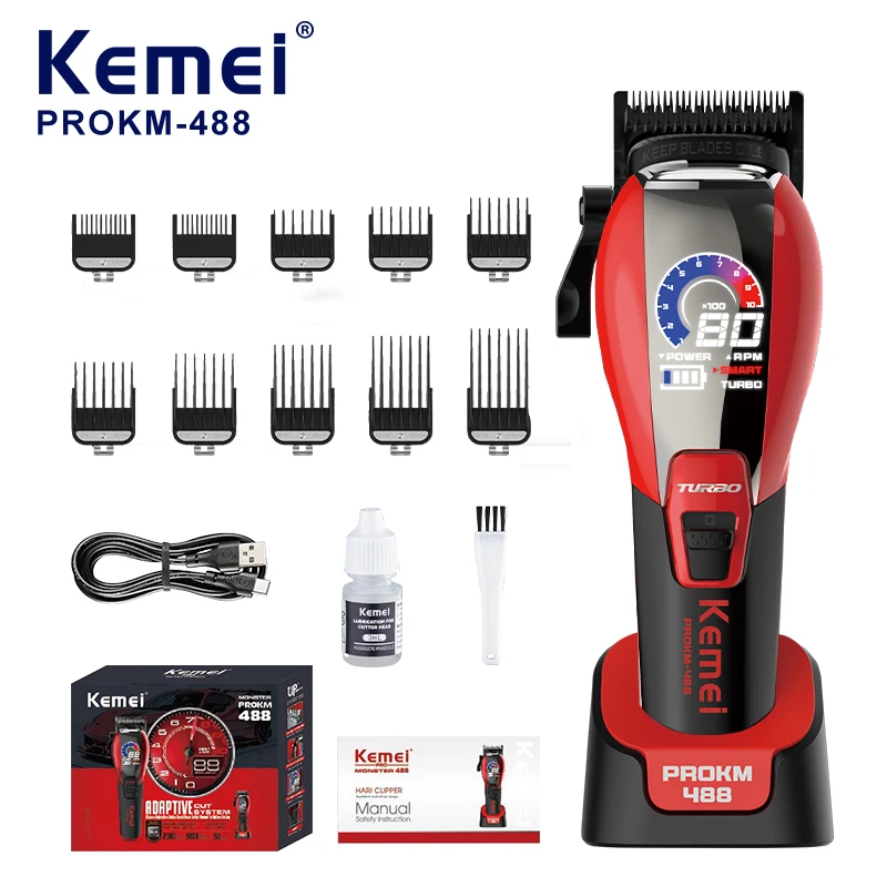 Kemei ProKm-488, tondeuse intelligente pour cheveux, batterie lithium-ion de 2000 mAh, moteur sans balais à 9000 tr/min, lames DLC, tondeuse professionnelle pour hommes