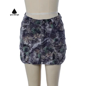 Camouflage Printing Effect High Fashion Design Side with Pockets Short Mini Denim Skirt for Women