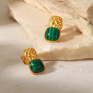 Ins French Retro Style Gemstone Drop Earrings 18K Gold Plated Stainless Steel Turquoise Hammer Fine