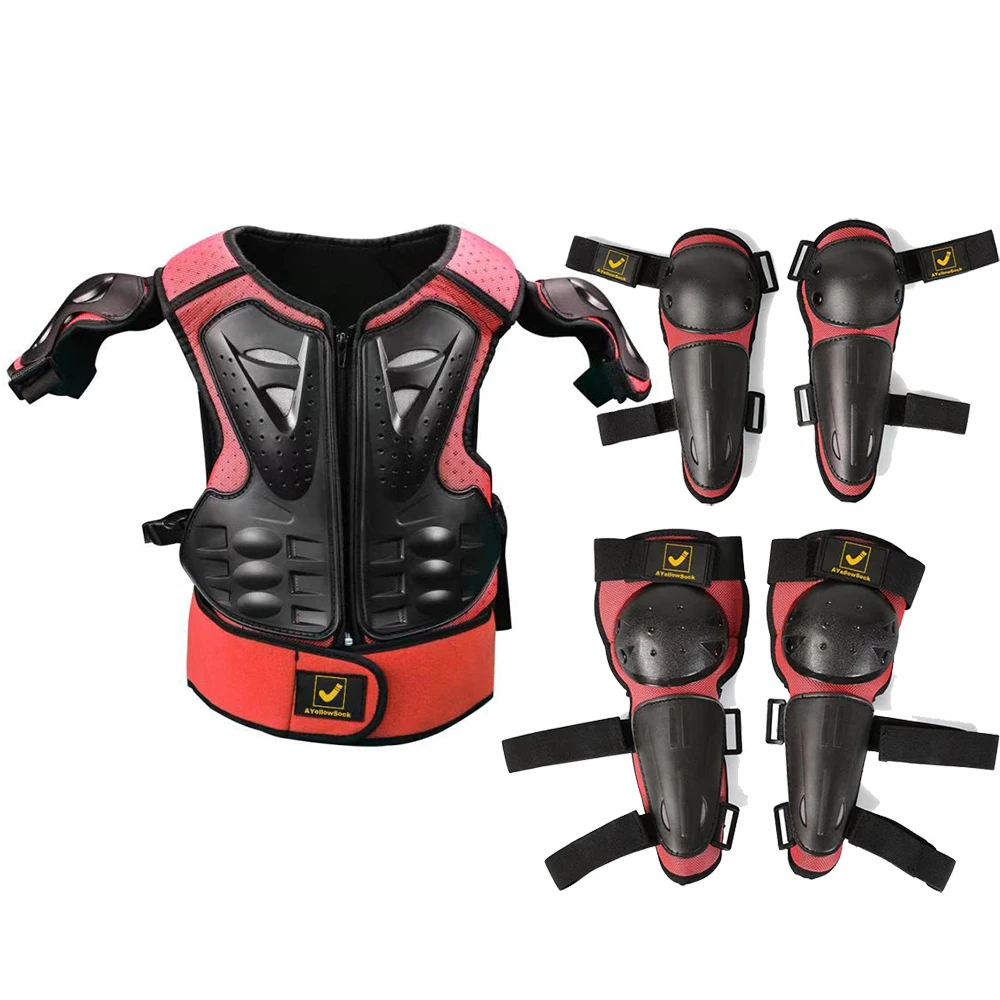 Kids Motorcycle Bike Protective Armor Suit for Dirt Bike Chest Spine Protector Back Shoulder Arm Elbow Knee Pad Body Armor Vest Red 
