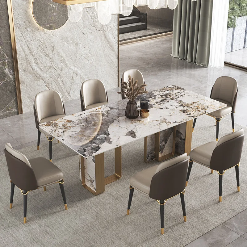 Luxury Modern Gold Metal Frame Dining Table with Extendable Feature  Featuring Marble Top for Elegant Dining Room Furniture