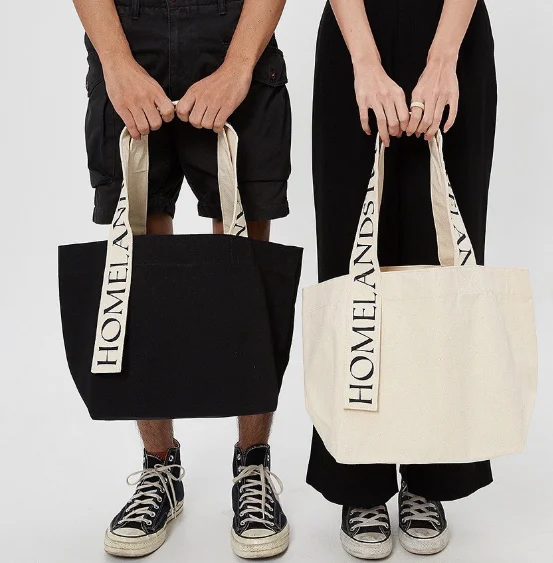 Women Fashion Branded Strap Printed Black logo Shopping Cotton Canvas Active Lifestyle Sporty Tote Bag for Gym