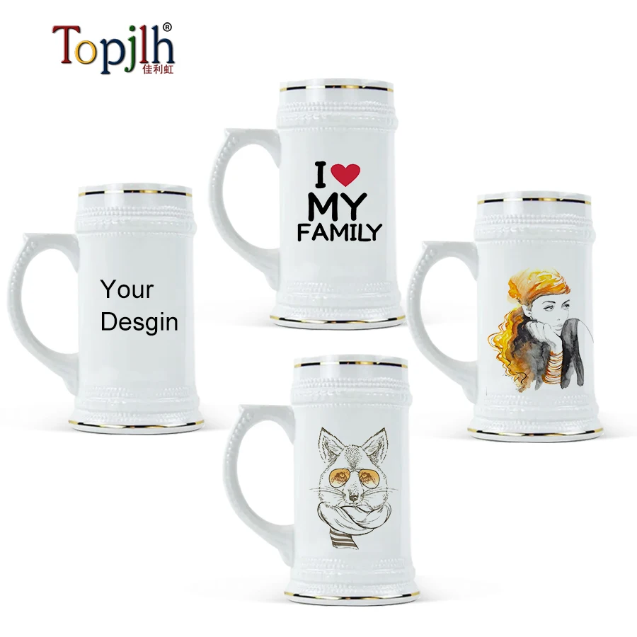 Topjlh 22oz Sublimation Personalized Ceramic White Beer Mug with Gold Trim  Beer Stein DIY Customized Printed Surface for Party