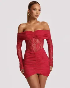 Strapless Backless Sexy Mini Dress Women Gown Elegant Lace See Through Long Sleeve Ruched Club Party Dress