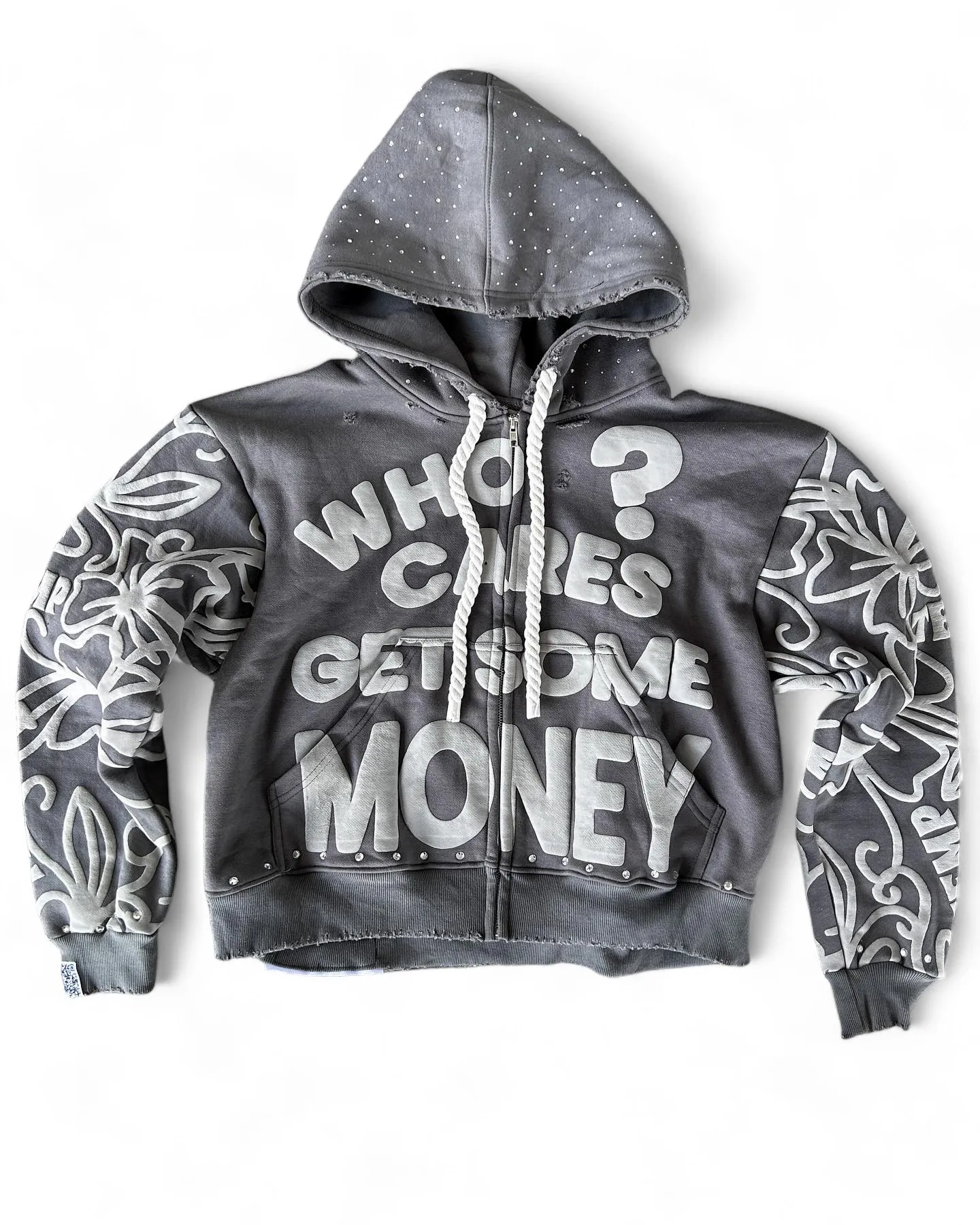 Custom Men Heavy Weight Boxy Distressed Cropped Rhinestone Pullover Oversized Acid Wash Puff Printing  Zip up Hoodie