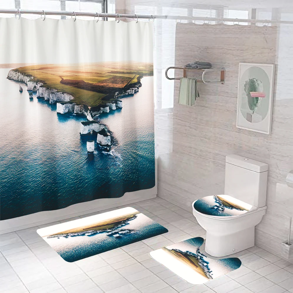 Sea Scenery And Shark Printed 3d Shower Curtain Mat Bathroom Sets With ...