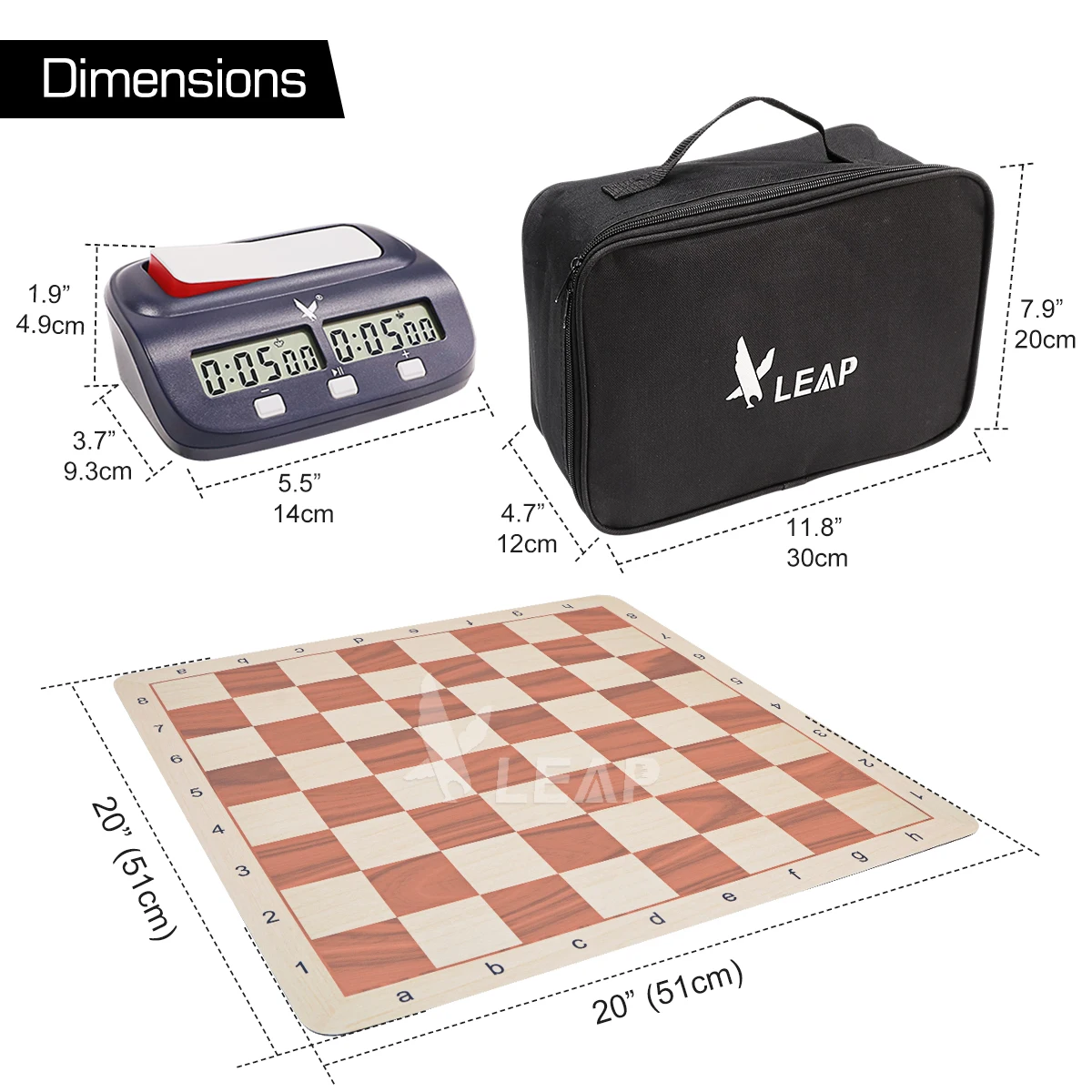 20-Inch Rubber Chessboard with FIDE Digital Clock 9.7cm ABS Triple Weighted Pieces A5 100 Scorebook-Complete Chess Combo Set
