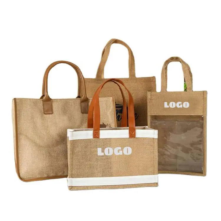 Wholesale Reusable Grocery Shopping Tote Jute Burlap Bag With Leather ...