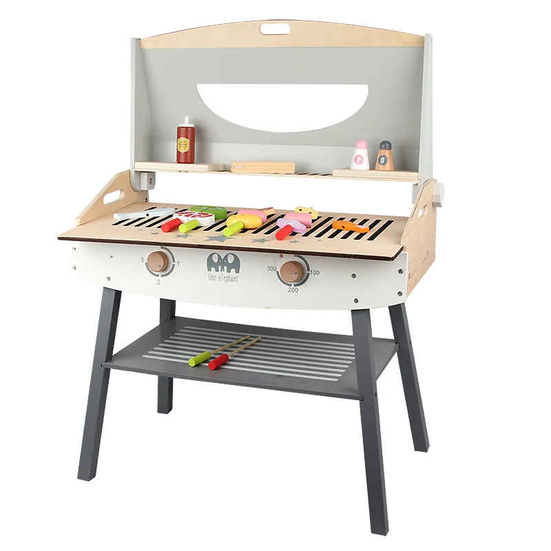 Toy BBQ Wooden Barbecue Grill Kitchen Play Set