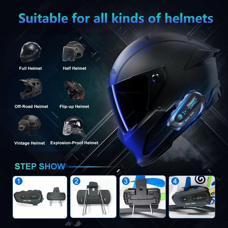 Custom D3X 600m Water Helmet Intercom with Sharing Music Half Duplex Helmet  Headset for Motorcycle Helmets