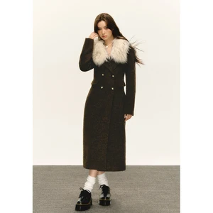 American Retro Fur Collar Scarf Long Woolen Coat for Women Autumn and Winter Double Breasted Waist Cinched Tweed Coat