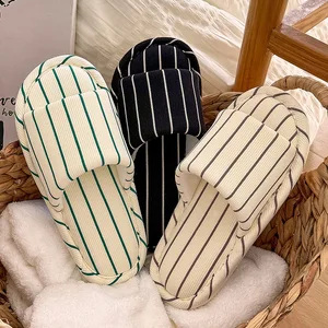 Wholesale Cotton Linen Material Round Toe Home Slippers Striped Printed Style Slippers Home Slippers