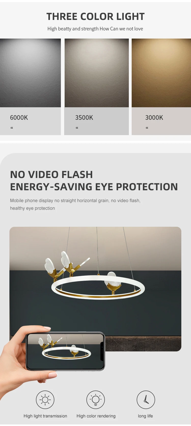 Simple Hanging Decoration Indoor Bedroom Black Gold White Iron Acrylic Modern LED Chandelier Light