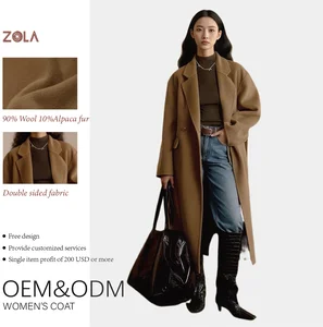 ODM Women's Casual Long Alpaca Fur Coats Winter Clothing Over Knee with Woolen Fabric and Belt Keeps Warm