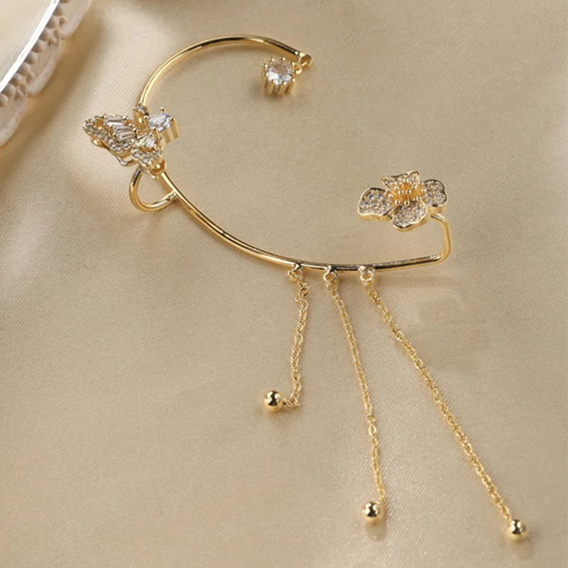 Butterfly Tassel Ear Clip Without Piercing Earrings Silvery Women Sparkling Zircon Ear Cuff Clip Flower Cuff Earrings