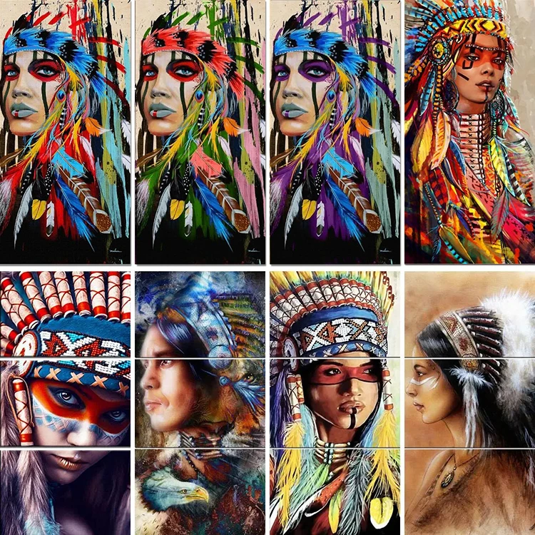 Colorful Tribal Canvas Print Modern Beautiful Woman Figure With Feather Indian Paintings and Wall Arts