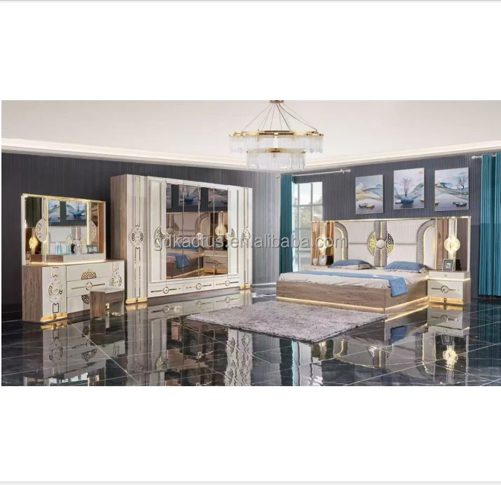 Ensemble De Chambre Moderne Beige 6 Pièces - Lit, Armoire, Commode, Tables De Nuit - Royal Art Meubles