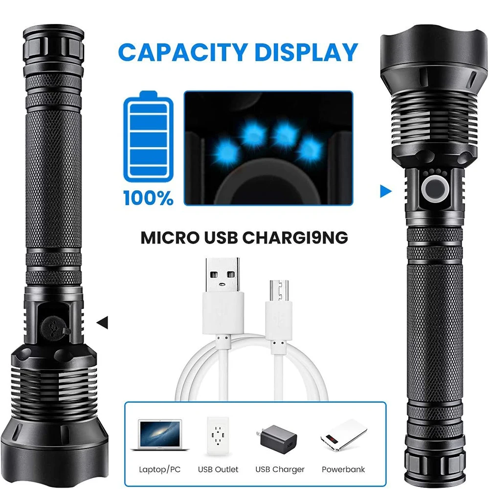 P70 Tactical Torch Light Led Rechargeable Flashlight Long Range Powerful 100000 Lumens Waterproof Flashlights Torches